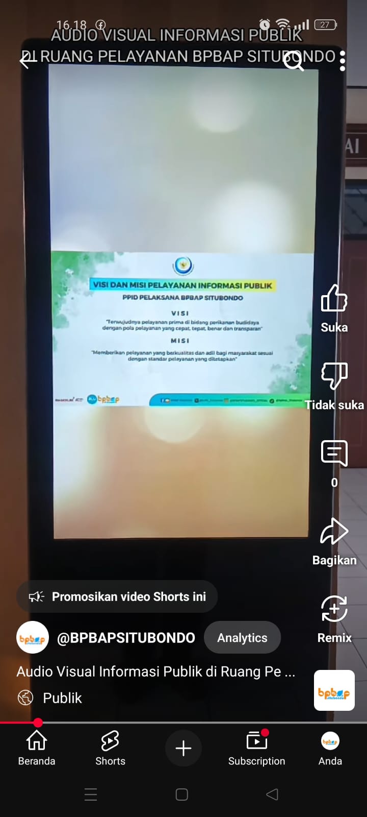 Audio Visual Informasi Publik di Ruang Pelayanan Terpadu BPBAP Situbondo