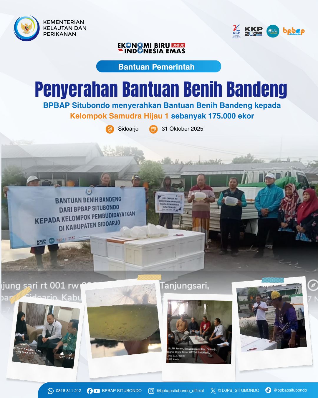 Penyerahan Bantuan Pemerintah Berupa Benih Ikan Bandeng kepada 2 Pokdakan di Kabupaten Sidoarjo