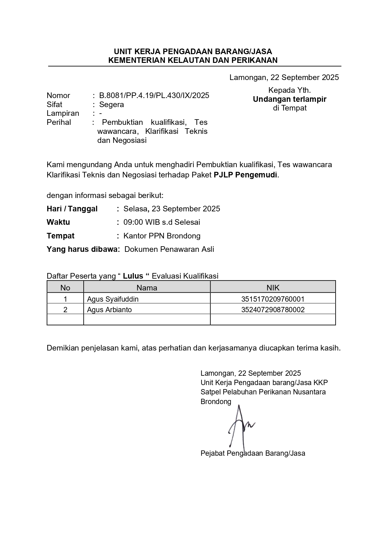 Undangan Pembuktian Kualifikasi