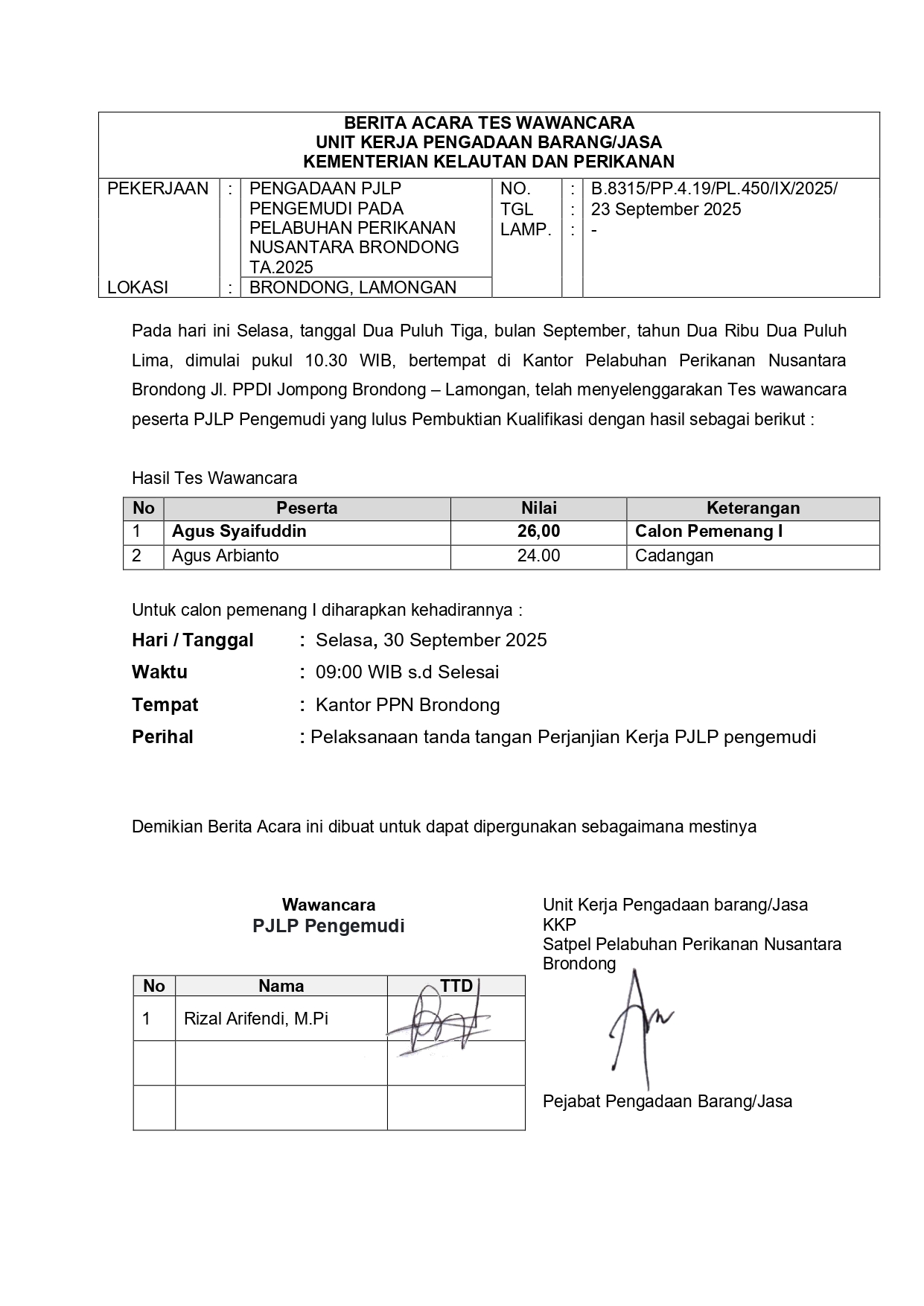 Berita Acara Tes Wawancara Pengadaa PJLP Pengemudi