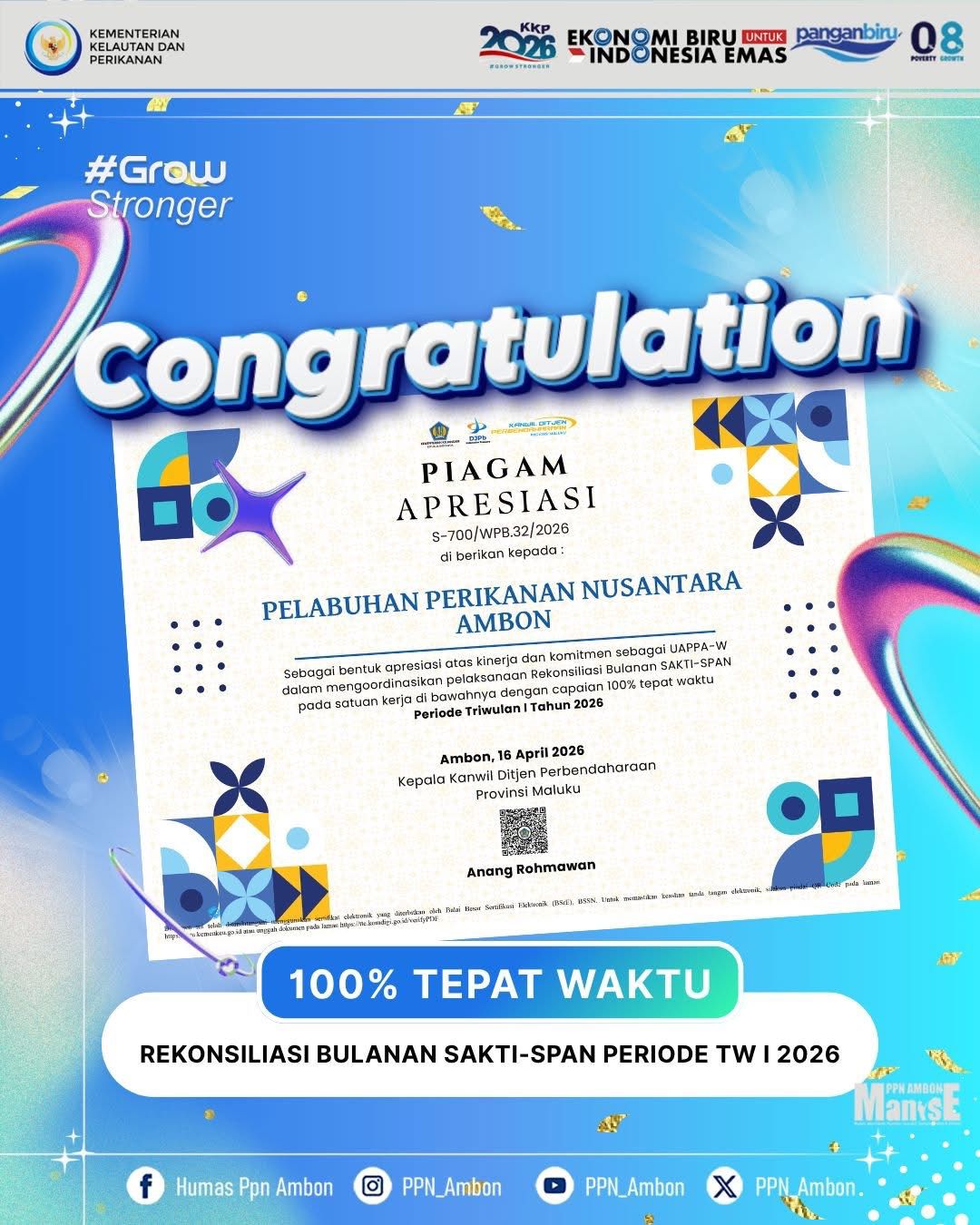 PIAGAM PENGHARGAAN REKONSILIASI BULANAN SAKTI - SPAN PERIODE TW I 2O26