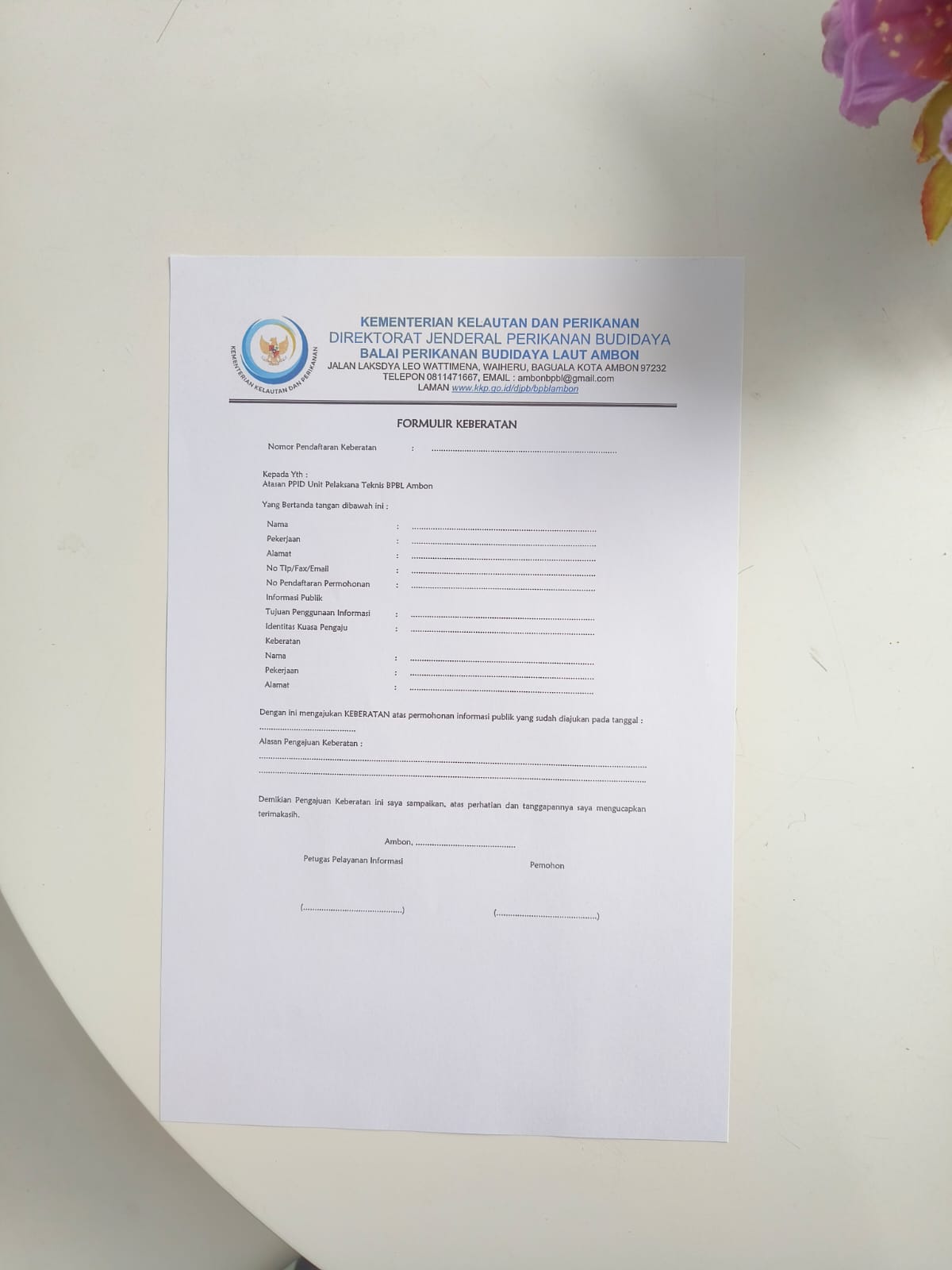 Dokumentasi Form Permohonan Informasi dan Keberatan Telah Tersedia